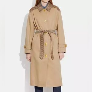 COACH Authentic Lined Belted KHAKI Signature 'C' TRENCH COAT Long/ Brass Accents